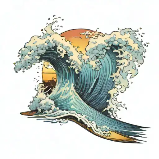 wave crashing, surf board, sunset beach tattoo design idea