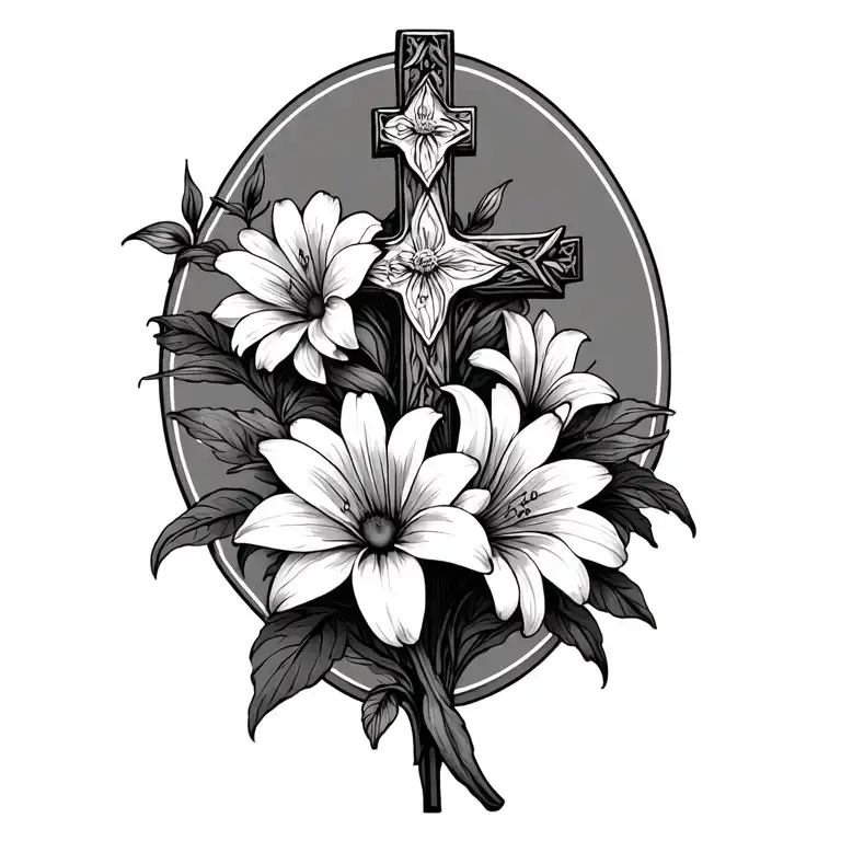 Christian cross with Lily and Daisy flowers intertwined. Make it delicate  tattoo design idea