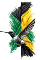 hummingbird in front of a flag half united states of america flag and half Jamaican flag. tattoo design idea