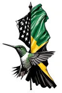 hummingbird in front of a flag half united states of america flag and half Jamaican flag. tattoo design idea