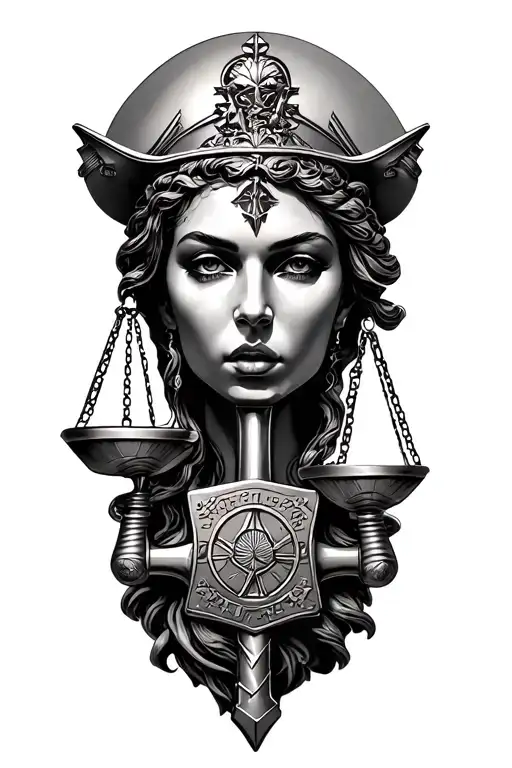 Modern and Futuristic Tatoo, combining the image of the Themis justice and a hammer of the trading mode tattoo design idea