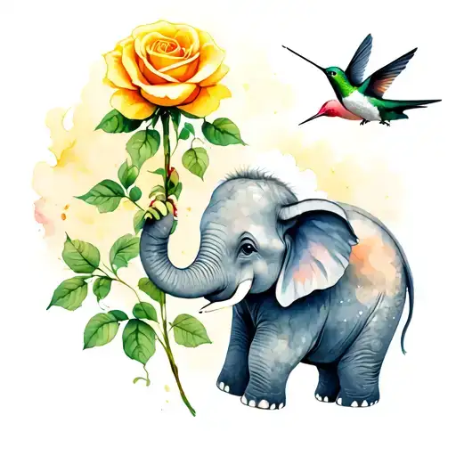 cute little elephant holding a yellow rose to the sky while a humming bird drinks from the rose tattoo design idea