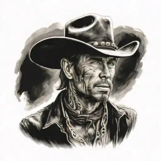 western cowboy, dark portrait, filthy, blue collar america tattoo design idea