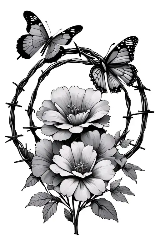 barbed wire with flowers and butterflies  tattoo design idea