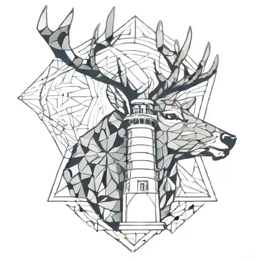 a geometric stag head infront of a lighthouse tattoo design idea