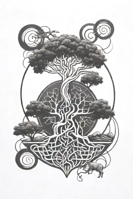 A minimalist blackwork tattoo of Yggdrasil, the World Tree, intertwined with Viking runes representing strength and protection tattoo design idea
