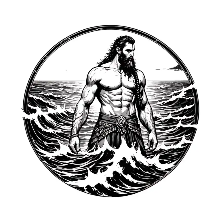 Central silhouette: a viking warrior, bare shirt, long damp hair, braided beard, standing in a hectic sea tattoo design idea