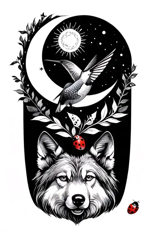 sun, half moon, hummingbird, ladybug,wolf, energy(word), belief, trust all  entangled  tattoo design idea