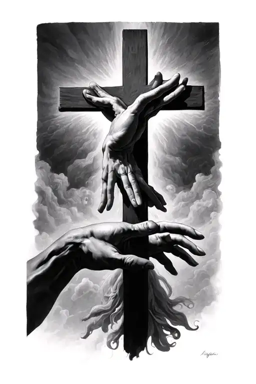 "the creation of adam hands reaching and a cross tattoo design idea