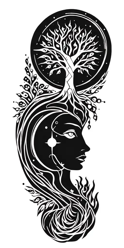 sun and moon,aquarius, tree and fire tattoo design idea