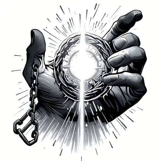 A hand and a glow emerging from the portal, visible from the side, the hand holding a chain with two fingers, which is a tattoo design idea