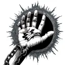 A hand and a glow emerging from the portal, visible from the side, the hand holding a chain with two fingers, which is a tattoo design idea