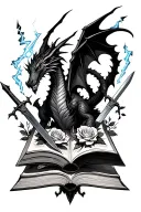 open book with a dragon emerging surrounded by lightning and shadows. roses, daggers and swords embedded tattoo design idea