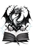open book with a dragon emerging surrounded by lightning and shadows. roses, daggers and swords embedded tattoo design idea