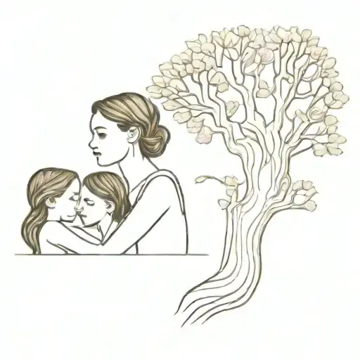 young woman with three daughters against the backdrop of an ancient oak tree tattoo design idea