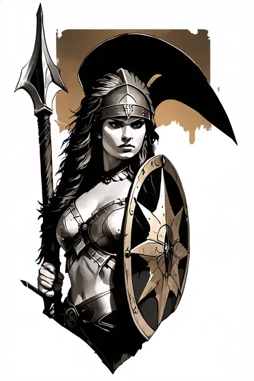 ares as a female spartan with spear and shield adorned tattoo design idea