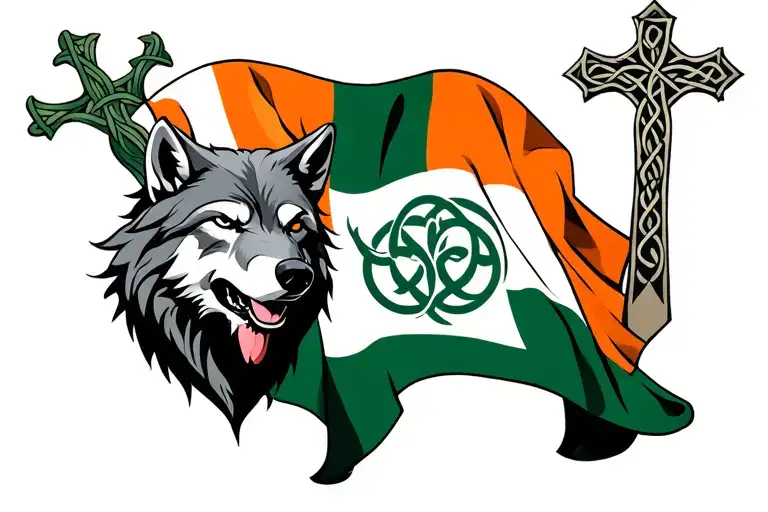 Celtic cross with Wolfe, draped in irish flag.  tattoo design idea