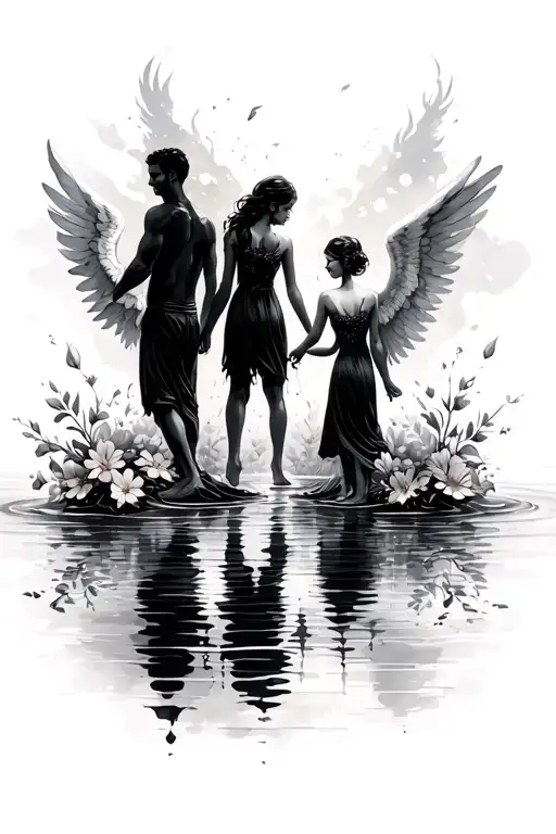 a family with 2 guys and 3 girls with there back turned with water, flowers , and the girl in the middle is an angel  tattoo design idea