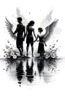 a family with 2 guys and 3 girls with there back turned with water, flowers , and the girl in the middle is an angel  tattoo design idea