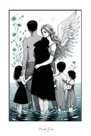 a family with 2 guys and 3 girls with there back turned with water, flowers , and the girl in the middle is an angel  tattoo design idea