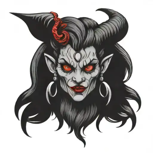  red krampus girl portrait with bat tattoo style cartoon drawing no background tattoo design idea