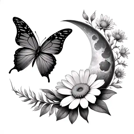 butterfly aster flower waning crescent moon tattoo design idea