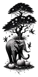 big tree with flowers and fairies with pumpkins and  and a mystical elephant with geometric designs filling blank space  tattoo design idea