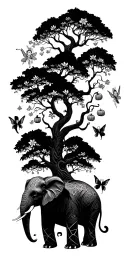big tree with flowers and fairies with pumpkins and  and a mystical elephant with geometric designs filling blank space  tattoo design idea