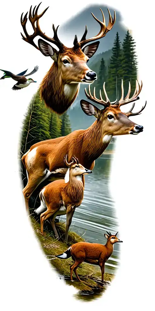 Hunting scenes with Deer and duck flying tattoo design idea