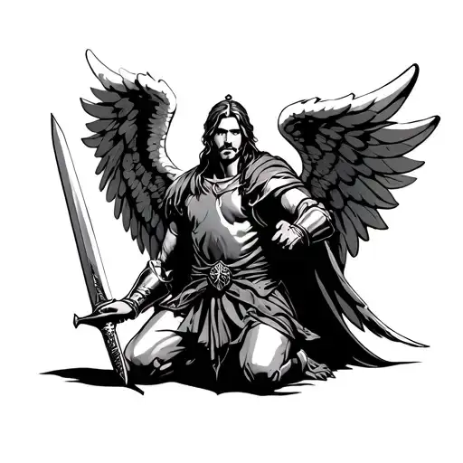 kneeling crusader holding sword angel wings tattoo design idea