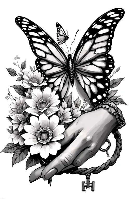 a small butterfly rests in a goddess' hand surrounded by flowers, a key, and a whip tattoo design idea