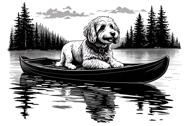 goldendoodle riding in front canoe floating tattoo design idea