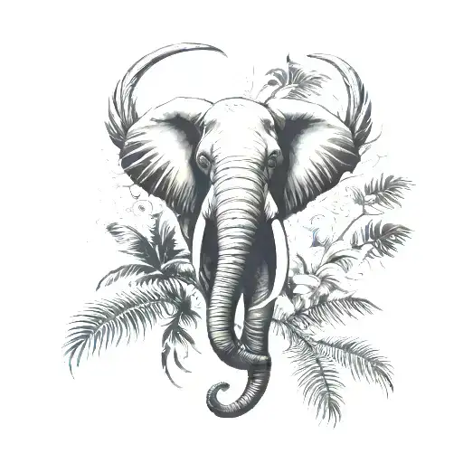 an elephant's head, wings, two slightly larger palm trees, shadows of two brothers and one sister tattoo design idea