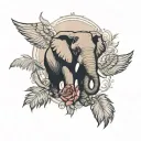 an elephant's head, wings, two slightly larger palm trees, shadows of two brothers and one sister tattoo design idea