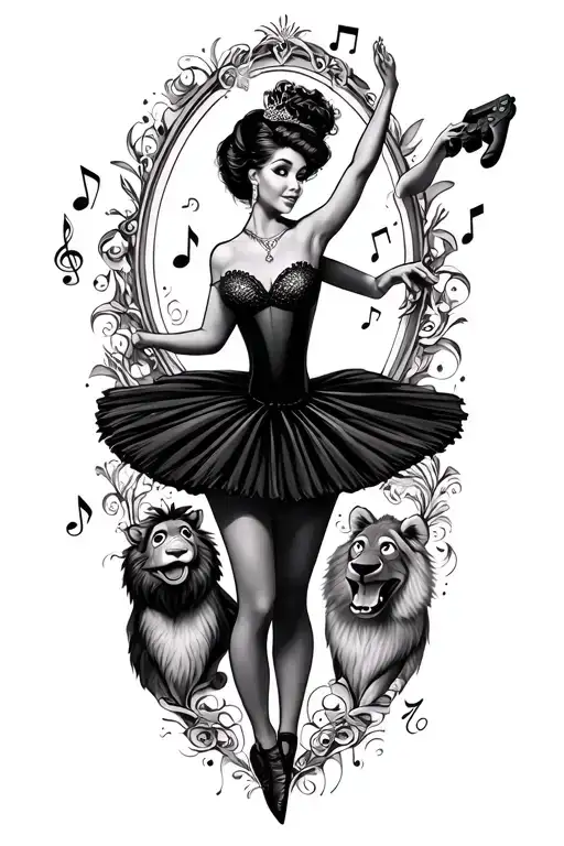 ballerina dancer figure with Leo and music notes and animal from Muppets and video game controller tattoo design idea
