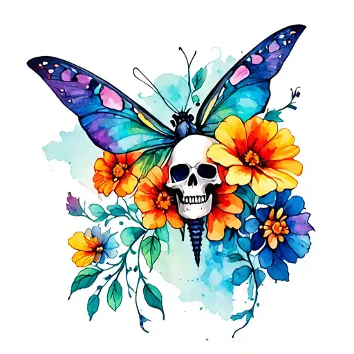 skull moth flowers tattoo design idea