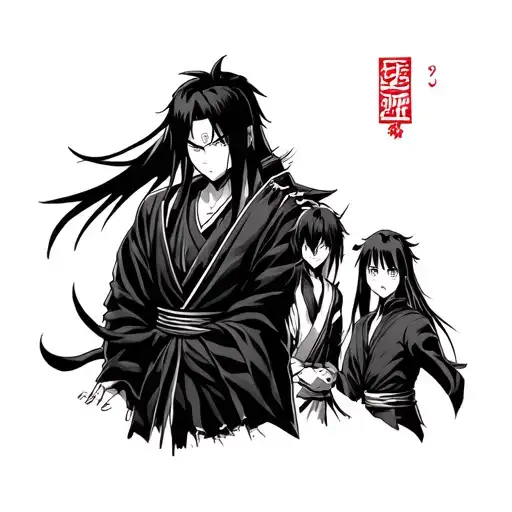 anime sleeve with the following characters: Itachi or ShikamaruVegitaZoro or LuffyJinwoo or Igris GojoAsta or Yami tattoo design idea