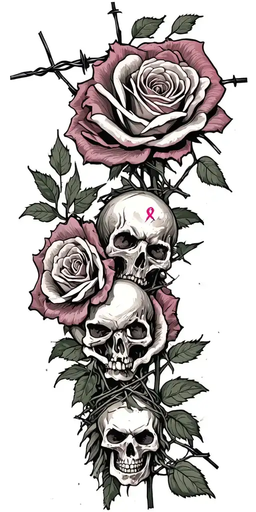 dead roses, barbed wire wrapped, and breast cancer awarness tattoo design idea