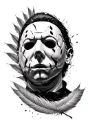 Michael Myers mask breaking up into multiple feathers  tattoo design idea