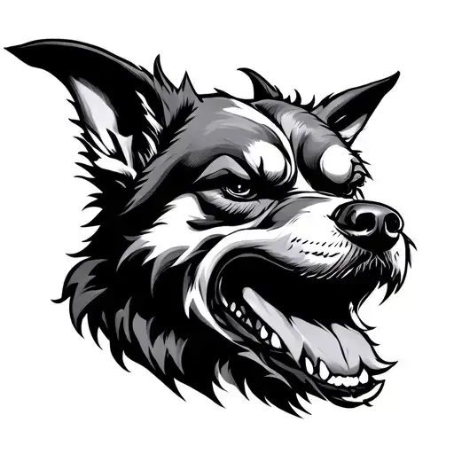 Angry Dog, long ears and snout inside an undefined shape tattoo design idea
