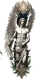 Lucifer with wings in style of greek god surrounded by celtic leaves tattoo design idea