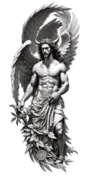 Lucifer with wings in style of greek god surrounded by celtic leaves tattoo design idea