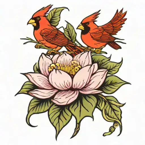 traditional tattoo two cardinals with water Lily  tattoo design idea
