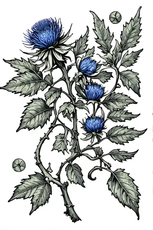 poison ivy vine, blue thistle flower, tattoo design idea