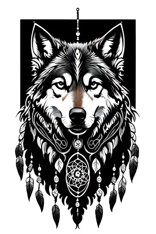 tribal wolf and dream catcher tattoo design idea