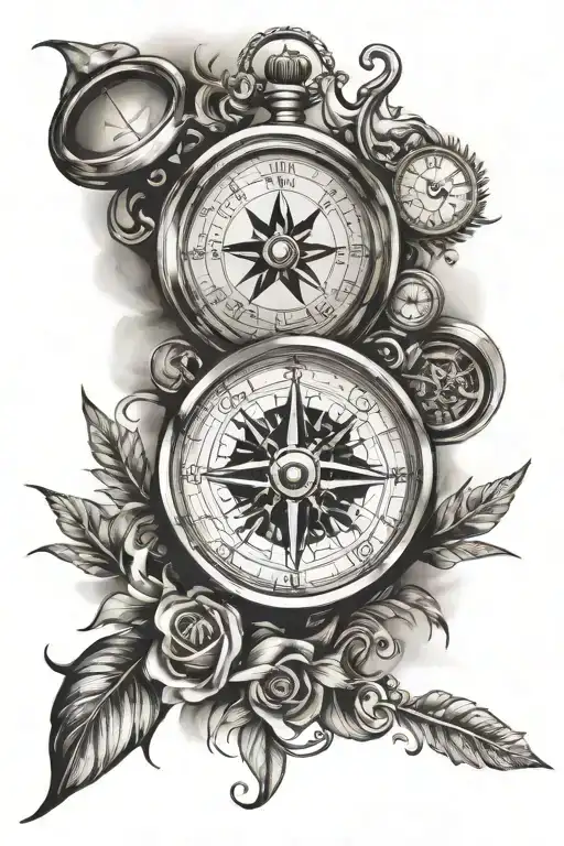 compass and clock combined together tattoo design idea