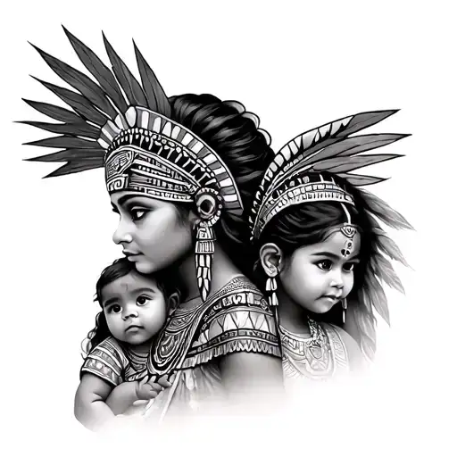 Aztec princess with 2 baby girls tattoo design idea