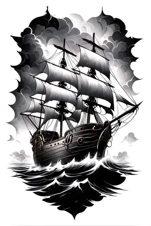 real Pirate ship sailing storm tattoo design idea