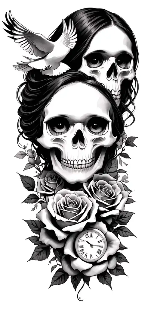 roses, skulls, woman face, sleeve tattoo featuring, dove, clock tattoo design idea