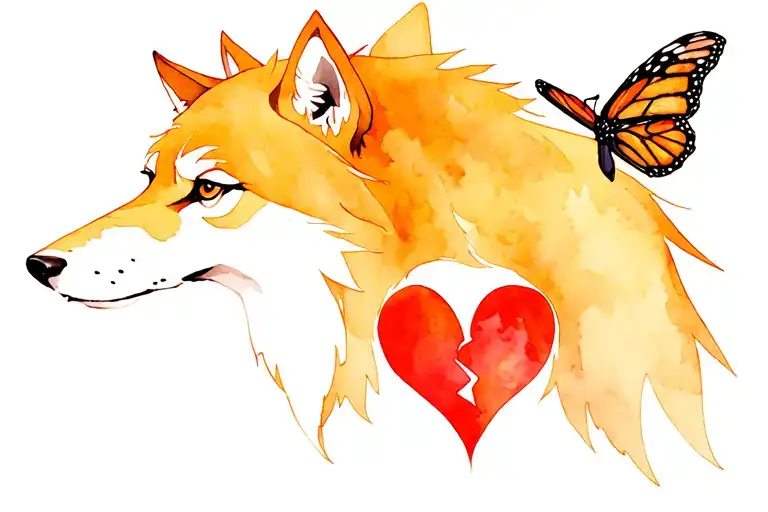 Sad wolf with broken purple heart and monarch butterfly tattoo design idea